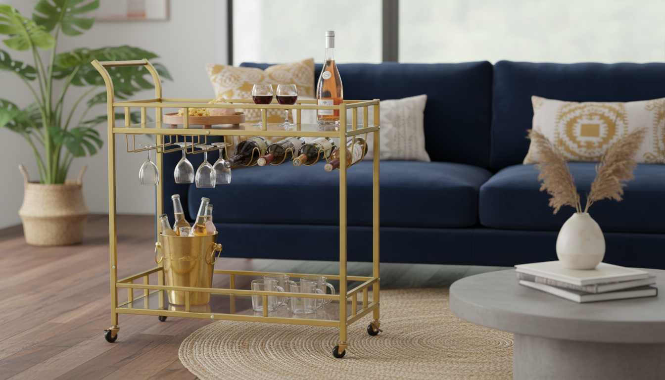 Gold Bar Cart: Lockable Wheels & Tempered Glass Shelves